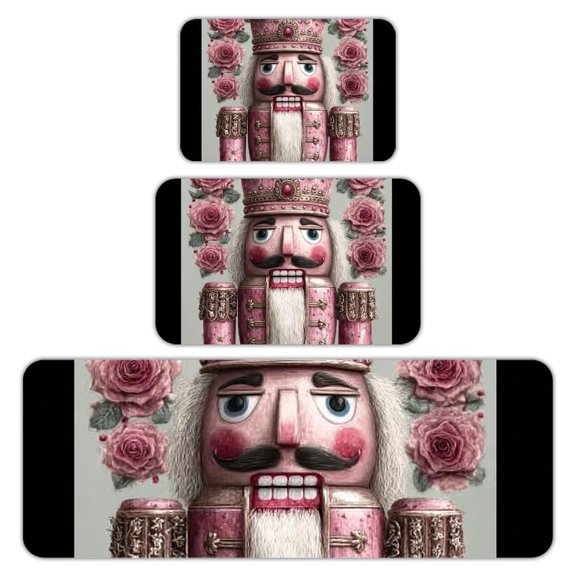 RKSupls Kitchen Rug Set 3 Piece Anti-Slip Flannel Floor Mats, Nutcracker Roses Pink Washable Absorbent Runner Mats for Kitchen Bathroom Home Decor