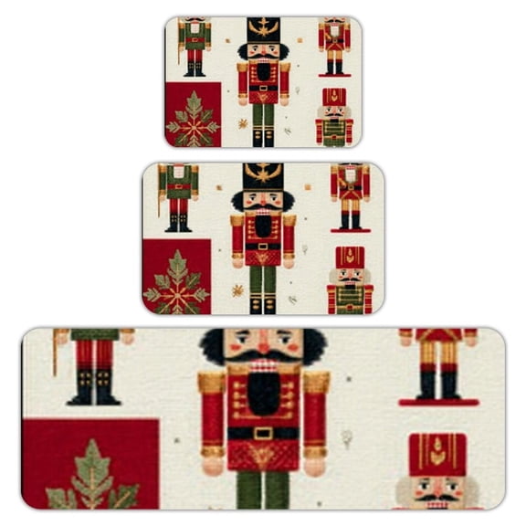 RKSupls Kitchen Rug Set 3 Piece Anti-Slip Flannel Floor Mats, Nutcracker Soldiers Pattern Washable Absorbent Runner Mats for Kitchen Bathroom Home Decor