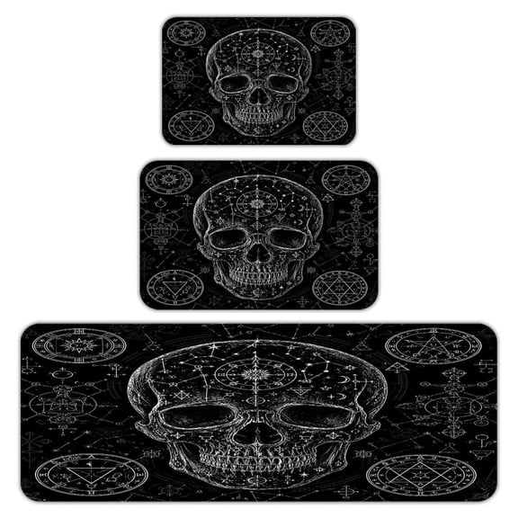 RKSupls Kitchen Rug Set 3 Piece Anti-Slip Flannel Floor Mats, Occult Skull Astrology Symbols Washable Absorbent Runner Mats for Kitchen Bathroom Home Decor