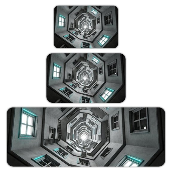 RKSupls Kitchen Rug Set 3 Piece Anti-Slip Flannel Floor Mats, Octagon Concrete Stairwell Infinity Washable Absorbent Runner Mats for Kitchen Bathroom Home Decor