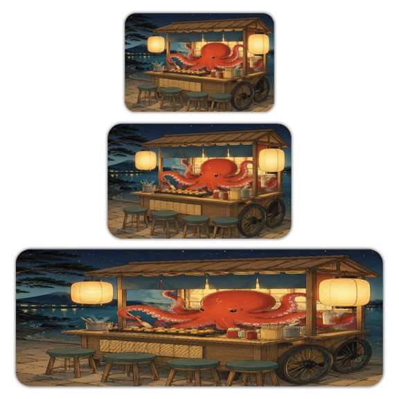 RKSupls Kitchen Rug Set 3 Piece Anti-Slip Flannel Floor Mats, Octopus Cooking Takoyaki at Night Stall Washable Absorbent Runner Mats for Kitchen Bathroom Home Decor
