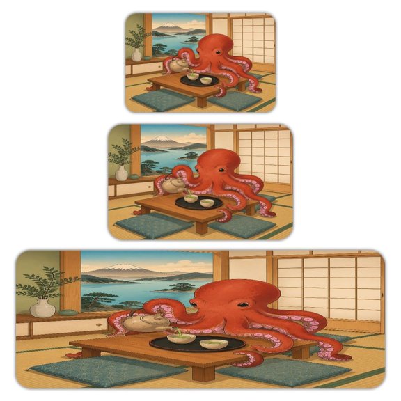 RKSupls Kitchen Rug Set 3 Piece Anti-Slip Flannel Floor Mats, Octopus Pouring Green Tea in Tatami Room Washable Absorbent Runner Mats for Kitchen Bathroom Home Decor