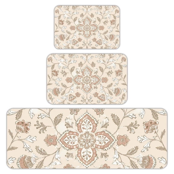 RKSupls Kitchen Rug Set 3 Piece Anti-Slip Flannel Floor Mats, Ornate Damask Floral Beige Pattern Washable Absorbent Runner Mats for Kitchen Bathroom Home Decor