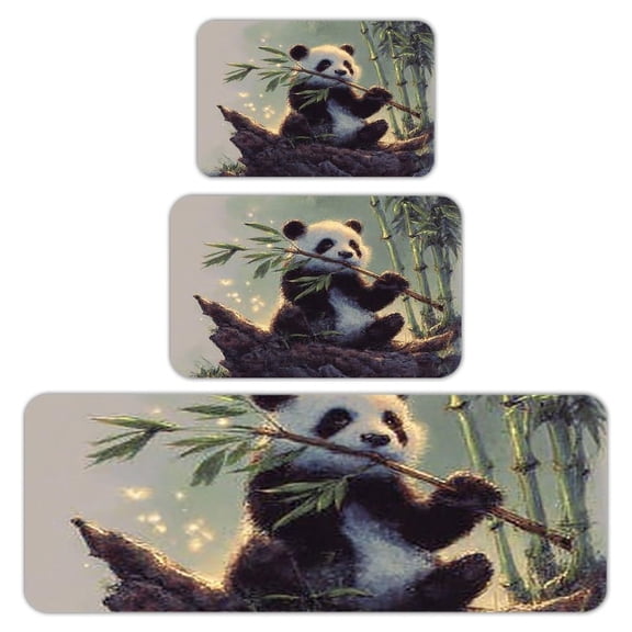 RKSupls Kitchen Rug Set 3 Piece Anti-Slip Flannel Floor Mats, Panda Bamboo Water Washable Absorbent Runner Mats for Kitchen Bathroom Home Decor