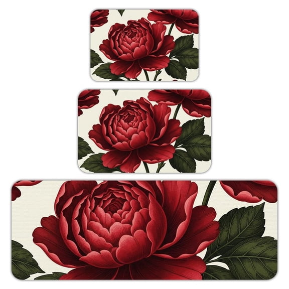 RKSupls Kitchen Rug Set 3 Piece Anti-Slip Flannel Floor Mats, Peony Flower Washable Absorbent Runner Mats for Kitchen Bathroom Home Decor