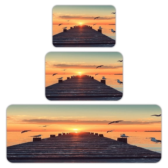 RKSupls Kitchen Rug Set 3 Piece Anti-Slip Flannel Floor Mats, Pier Sunset Seagulls Ocean Washable Absorbent Runner Mats for Kitchen Bathroom Home Decor