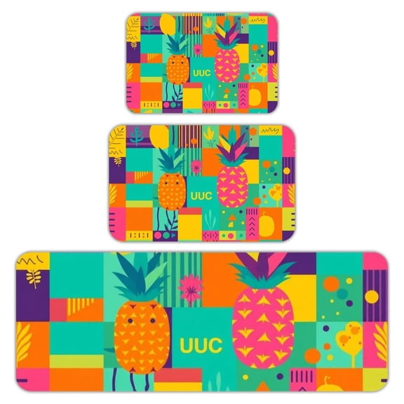 RKSupls Kitchen Rug Set 3 Piece Anti-Slip Flannel Floor Mats, Pineapple Geometric Abstract Washable Absorbent Runner Mats for Kitchen Bathroom Home Decor