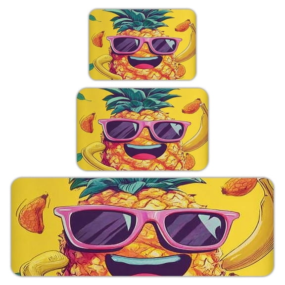 RKSupls Kitchen Rug Set 3 Piece Anti-Slip Flannel Floor Mats, Pineapple Sunglasses Banana Washable Absorbent Runner Mats for Kitchen Bathroom Home Decor