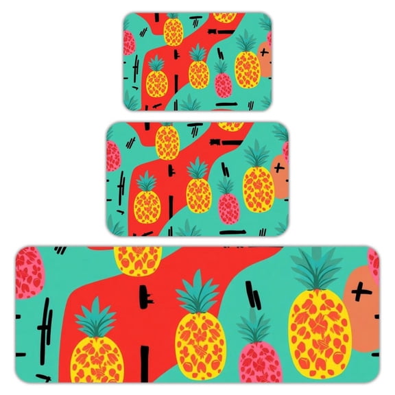 RKSupls Kitchen Rug Set 3 Piece Anti-Slip Flannel Floor Mats, Pineapple Tropical Abstract Washable Absorbent Runner Mats for Kitchen Bathroom Home Decor