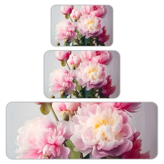 RKSupls Kitchen Rug Set 3 Piece Anti-Slip Flannel Floor Mats, Pink Peony Bouquet Washable Absorbent Runner Mats for Kitchen Bathroom Home Decor