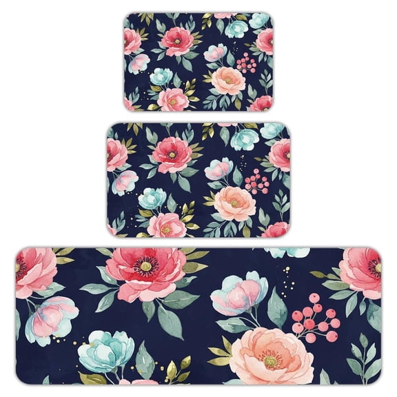 RKSupls Kitchen Rug Set 3 Piece Anti-Slip Flannel Floor Mats, Pink Peony Floral with Green Leaf Washable Absorbent Runner Mats for Kitchen Bathroom Home Decor