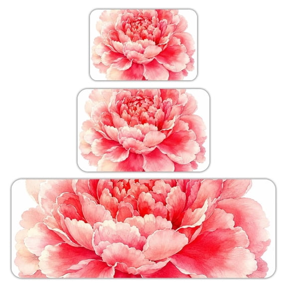 RKSupls Kitchen Rug Set 3 Piece Anti-Slip Flannel Floor Mats, Pink Watercolor Peony Washable Absorbent Runner Mats for Kitchen Bathroom Home Decor