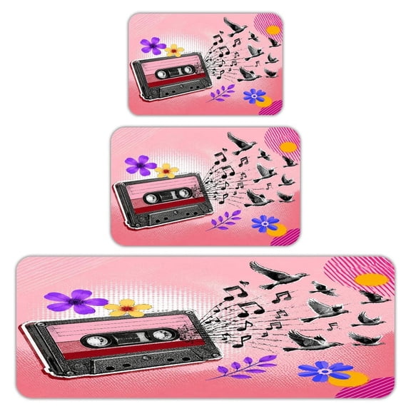 RKSupls Kitchen Rug Set 3 Piece Anti-Slip Flannel Floor Mats, Pop Art Cassette Birds Music Washable Absorbent Runner Mats for Kitchen Bathroom Home Decor