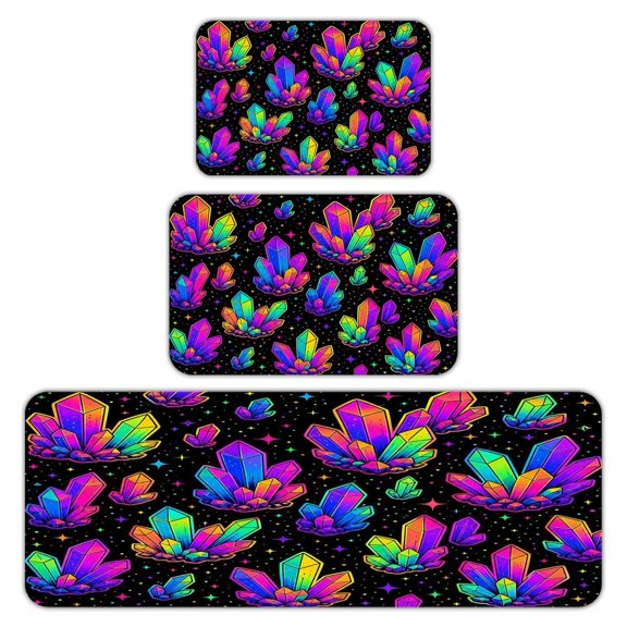 RKSupls Kitchen Rug Set 3 Piece Anti-Slip Flannel Floor Mats, Psychedelic Rainbow Crystal Pattern Washable Absorbent Runner Mats for Kitchen Bathroom Home Decor