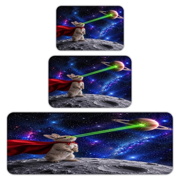 RKSupls Kitchen Rug Set 3 Piece Anti-Slip Flannel Floor Mats, Rabbit Superhero With Laser Eyes On Moon Surface Washable Absorbent Runner Mats for Kitchen Bathroom Home Decor