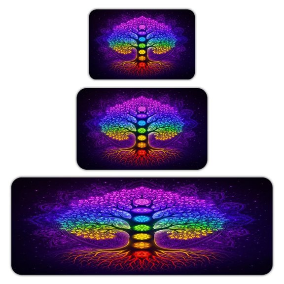 RKSupls Kitchen Rug Set 3 Piece Anti-Slip Flannel Floor Mats, Rainbow Chakra Tree Of Life Washable Absorbent Runner Mats for Kitchen Bathroom Home Decor