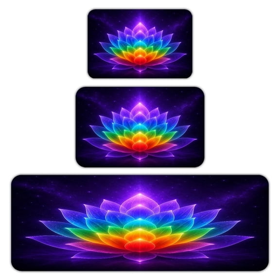 RKSupls Kitchen Rug Set 3 Piece Anti-Slip Flannel Floor Mats, Rainbow Gradient Lotus Flower Washable Absorbent Runner Mats for Kitchen Bathroom Home Decor