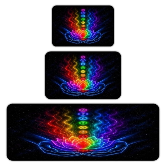 RKSupls Kitchen Rug Set 3 Piece Anti-Slip Flannel Floor Mats, Rainbow Lotus Chakra Meditation Hands Washable Absorbent Runner Mats for Kitchen Bathroom Home Decor