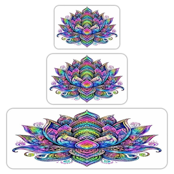 RKSupls Kitchen Rug Set 3 Piece Anti-Slip Flannel Floor Mats, Rainbow Mandala Flower Washable Absorbent Runner Mats for Kitchen Bathroom Home Decor