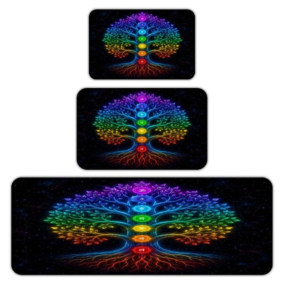 RKSupls Kitchen Rug Set 3 Piece Anti-Slip Flannel Floor Mats, Rainbow Tree Chakra Meditation Hands Washable Absorbent Runner Mats for Kitchen Bathroom Home Decor