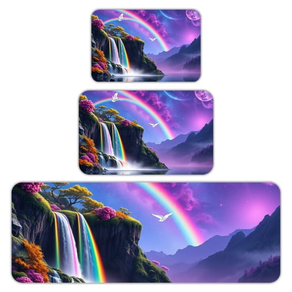 RKSupls Kitchen Rug Set 3 Piece Anti-Slip Flannel Floor Mats, Rainbow Waterfall Fantasy Washable Absorbent Runner Mats for Kitchen Bathroom Home Decor
