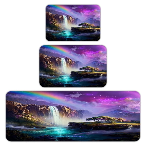 RKSupls Kitchen Rug Set 3 Piece Anti-Slip Flannel Floor Mats, Rainbow Waterfall Fantasy Washable Absorbent Runner Mats for Kitchen Bathroom Home Decor