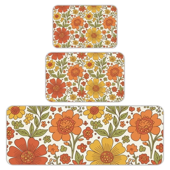 RKSupls Kitchen Rug Set 3 Piece Anti-Slip Flannel Floor Mats, Retro Groovy Colorful Flowers Washable Absorbent Runner Mats for Kitchen Bathroom Home Decor