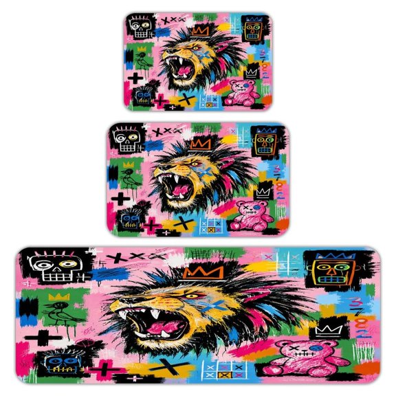 RKSupls Kitchen Rug Set 3 Piece Anti-Slip Flannel Floor Mats, Roaring Lion Street Art Washable Absorbent Runner Mats for Kitchen Bathroom Home Decor