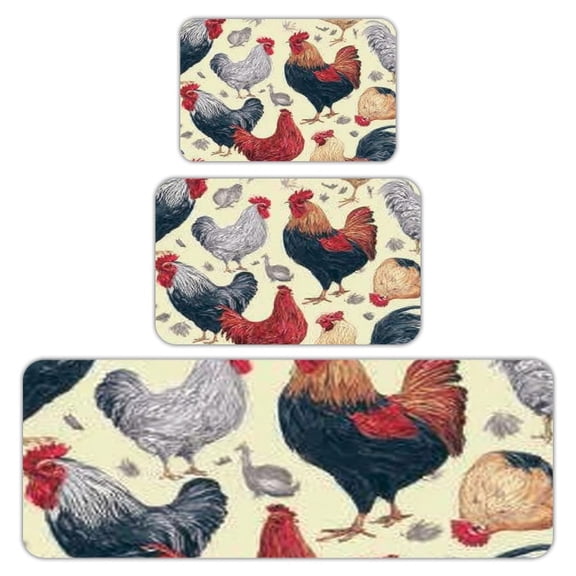 RKSupls Kitchen Rug Set 3 Piece Anti-Slip Flannel Floor Mats, Rooster Chicken Washable Absorbent Runner Mats for Kitchen Bathroom Home Decor