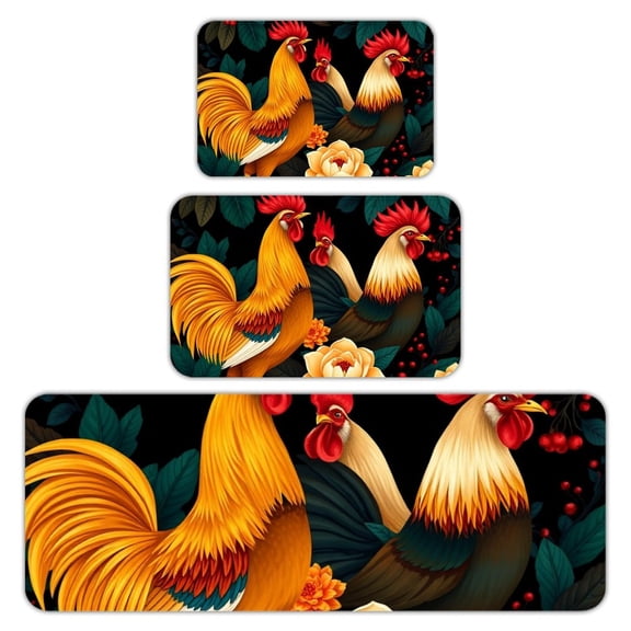 RKSupls Kitchen Rug Set 3 Piece Anti-Slip Flannel Floor Mats, Rooster Flower Art Washable Absorbent Runner Mats for Kitchen Bathroom Home Decor