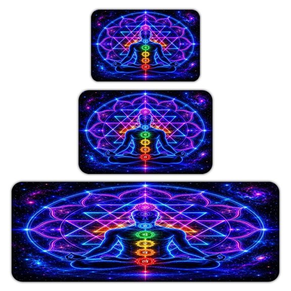 RKSupls Kitchen Rug Set 3 Piece Anti-Slip Flannel Floor Mats, Sacred Geometry Chakra Meditation Figure Washable Absorbent Runner Mats for Kitchen Bathroom Home Decor