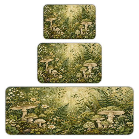 RKSupls Kitchen Rug Set 3 Piece Anti-Slip Flannel Floor Mats, Sage Meadow Fairy Mushroom Garden Washable Absorbent Runner Mats for Kitchen Bathroom Home Decor