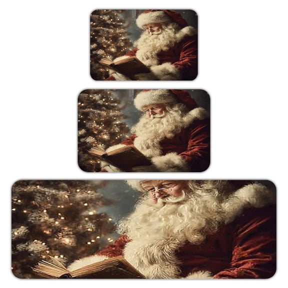 RKSupls Kitchen Rug Set 3 Piece Anti-Slip Flannel Floor Mats, Santa Reading Book Washable Absorbent Runner Mats for Kitchen Bathroom Home Decor