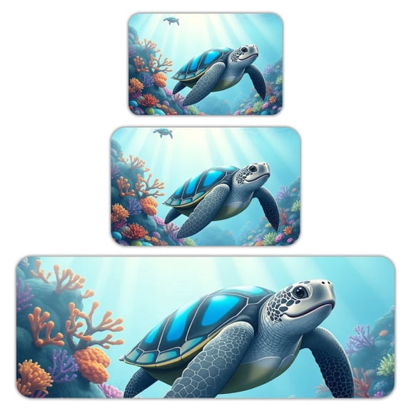 RKSupls Kitchen Rug Set 3 Piece Anti-Slip Flannel Floor Mats, Sea Turtle Underwater Washable Absorbent Runner Mats for Kitchen Bathroom Home Decor