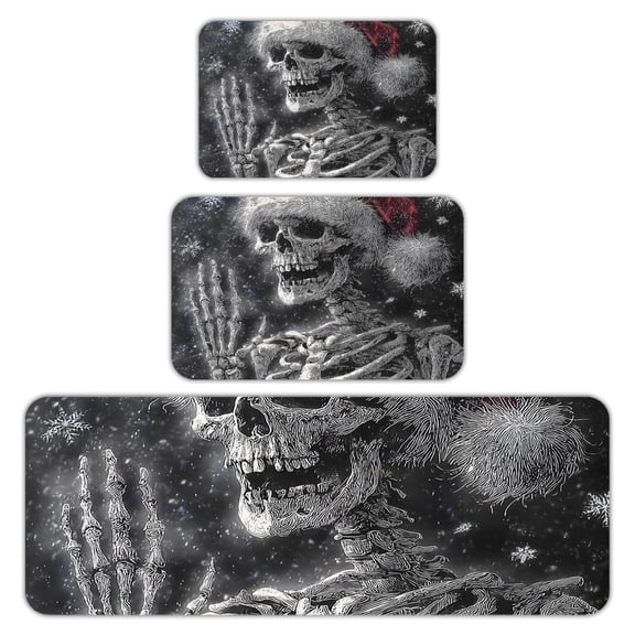 RKSupls Kitchen Rug Set 3 Piece Anti-Slip Flannel Floor Mats, Skeleton Santa Snowflakes Washable Absorbent Runner Mats for Kitchen Bathroom Home Decor