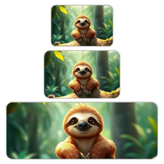 RKSupls Kitchen Rug Set 3 Piece Anti-Slip Flannel Floor Mats, Sloth Forest Animal Tapestry Washable Absorbent Runner Mats for Kitchen Bathroom Home Decor