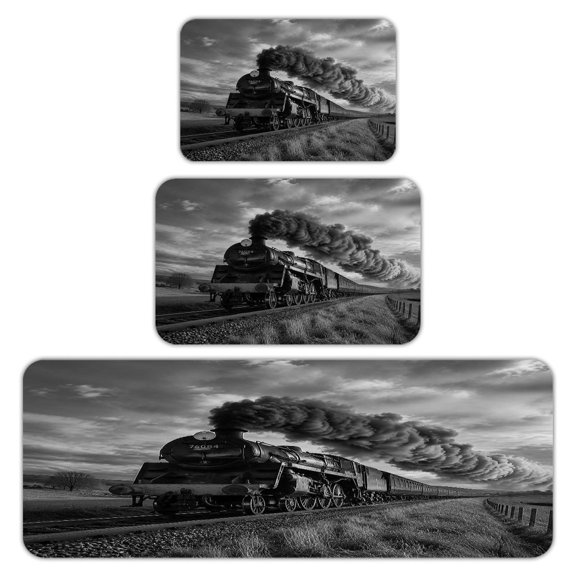 RKSupls Kitchen Rug Set 3 Piece Anti-Slip Flannel Floor Mats, Steam Train Across Countryside Washable Absorbent Runner Mats for Kitchen Bathroom Home Decor
