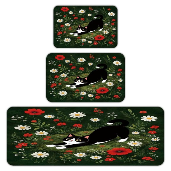RKSupls Kitchen Rug Set 3 Piece Anti-Slip Flannel Floor Mats, Stretching Cat in Daisy Meadow Washable Absorbent Runner Mats for Kitchen Bathroom Home Decor