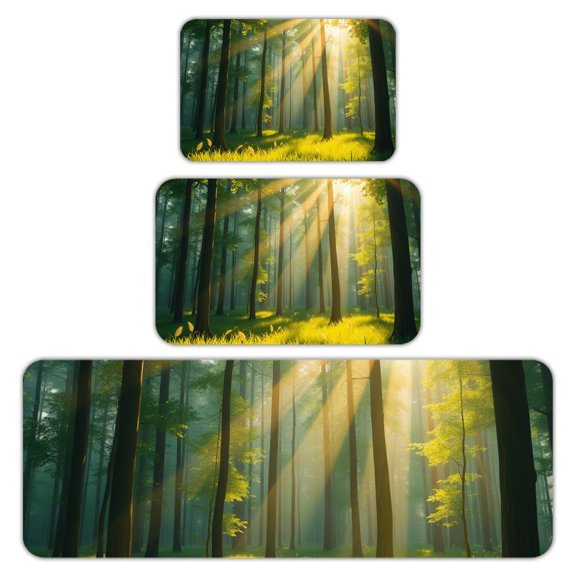 RKSupls Kitchen Rug Set 3 Piece Anti-Slip Flannel Floor Mats, Sunbeam Forest Meadow Washable Absorbent Runner Mats for Kitchen Bathroom Home Decor