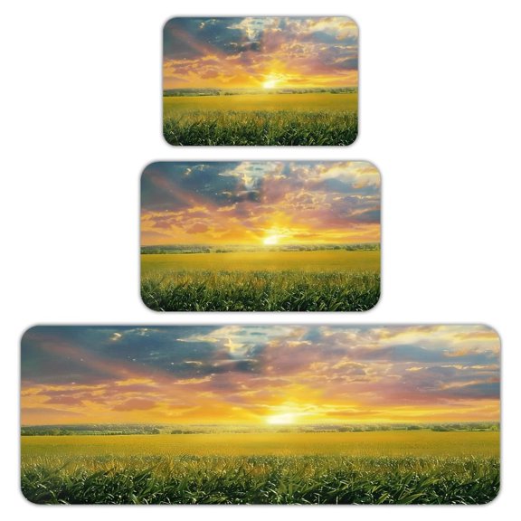RKSupls Kitchen Rug Set 3 Piece Anti-Slip Flannel Floor Mats, Sunbeam Grass Field Sunset Washable Absorbent Runner Mats for Kitchen Bathroom Home Decor