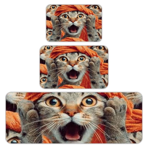 RKSupls Kitchen Rug Set 3 Piece Anti-Slip Flannel Floor Mats, Surprised Cat Scream Washable Absorbent Runner Mats for Kitchen Bathroom Home Decor