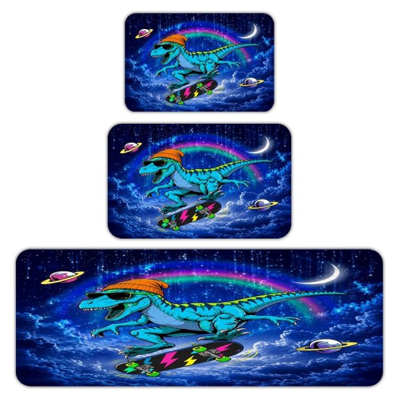 RKSupls Kitchen Rug Set 3 Piece Anti-Slip Flannel Floor Mats, T-Rex Skateboarding in Galaxy Neon Space Art Washable Absorbent Runner Mats for Kitchen Bathroom Home Decor