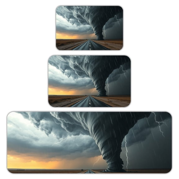 RKSupls Kitchen Rug Set 3 Piece Anti-Slip Flannel Floor Mats, Tornado Road Storm Washable Absorbent Runner Mats for Kitchen Bathroom Home Decor