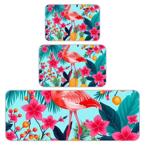 RKSupls Kitchen Rug Set 3 Piece Anti-Slip Flannel Floor Mats, Tropical Flamingo Pineapple Washable Absorbent Runner Mats for Kitchen Bathroom Home Decor