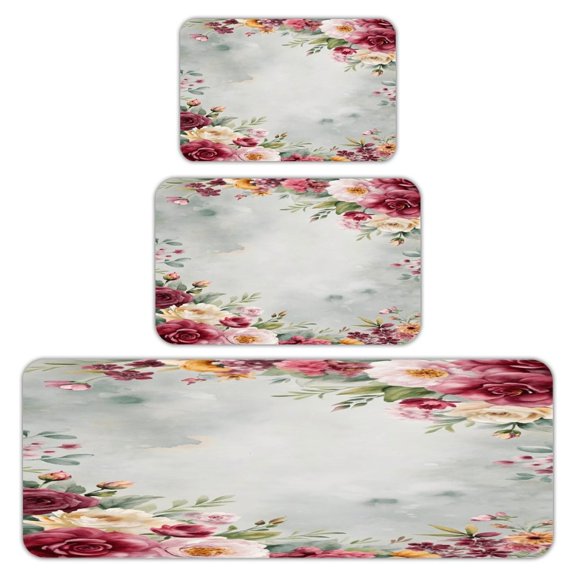 RKSupls Kitchen Rug Set 3 Piece Anti-Slip Flannel Floor Mats, Tropical Lily Leaf Vector Pattern Washable Absorbent Runner Mats for Kitchen Bathroom Home Decor