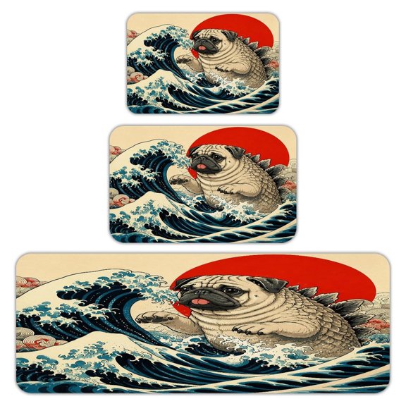 RKSupls Kitchen Rug Set 3 Piece Anti-Slip Flannel Floor Mats, Ukiyo Pug Kaiju Ocean Waves Washable Absorbent Runner Mats for Kitchen Bathroom Home Decor