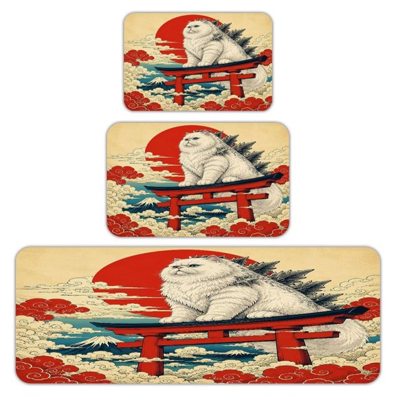 RKSupls Kitchen Rug Set 3 Piece Anti-Slip Flannel Floor Mats, Ukiyo White Cat Kaiju Torii Gate Washable Absorbent Runner Mats for Kitchen Bathroom Home Decor
