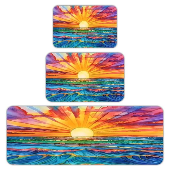 RKSupls Kitchen Rug Set 3 Piece Anti-Slip Flannel Floor Mats, Vibrant Sunset Rays Waves Washable Absorbent Runner Mats for Kitchen Bathroom Home Decor