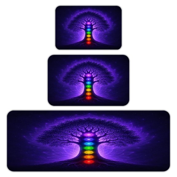 RKSupls Kitchen Rug Set 3 Piece Anti-Slip Flannel Floor Mats, Violet Chakra Tree Silhouette Washable Absorbent Runner Mats for Kitchen Bathroom Home Decor