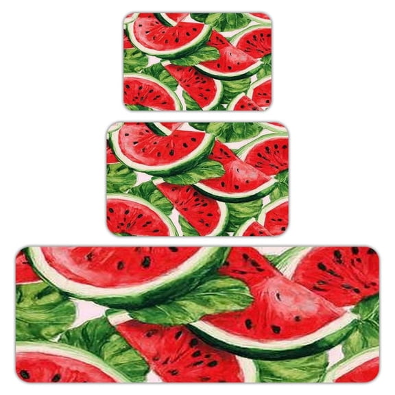 RKSupls Kitchen Rug Set 3 Piece Anti-Slip Flannel Floor Mats, Watermelon Slices Pattern Washable Absorbent Runner Mats for Kitchen Bathroom Home Decor